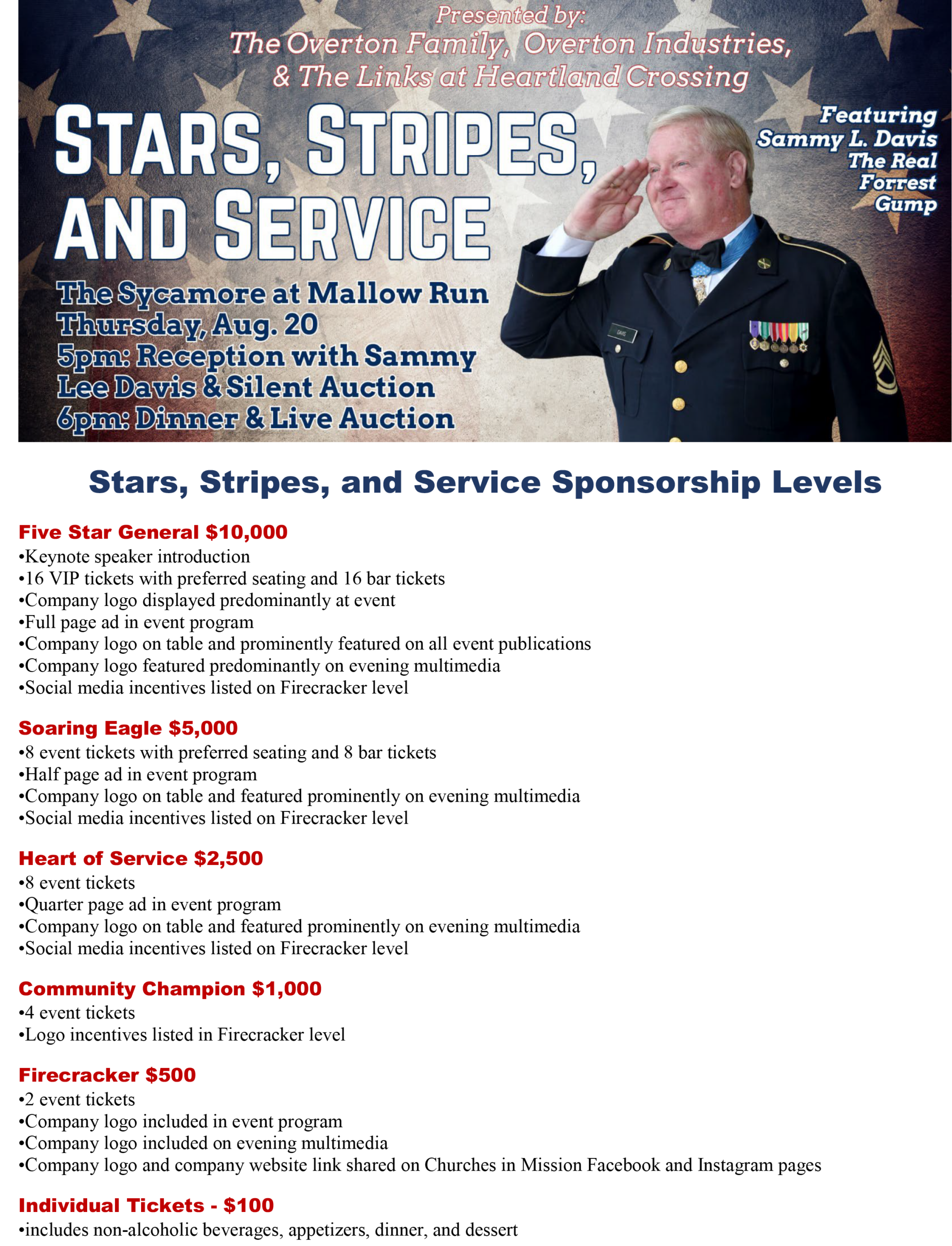 Stars Stripes and Service Sponsorship Info - call 317-831-3987 for info